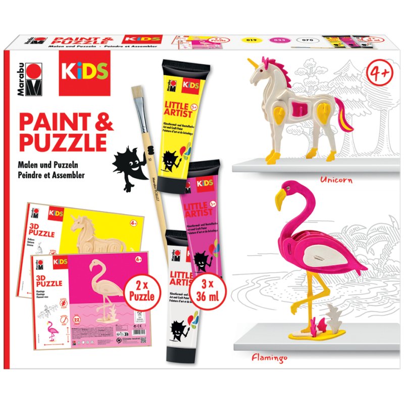Marabu KiDS verf & puzzel set Kleine Kunstenaar, flamingo, 3D puzzel eenhoorn