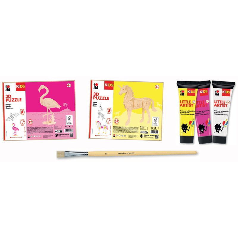 Marabu KiDS verf & puzzel set Kleine Kunstenaar, flamingo, 3D puzzel eenhoorn