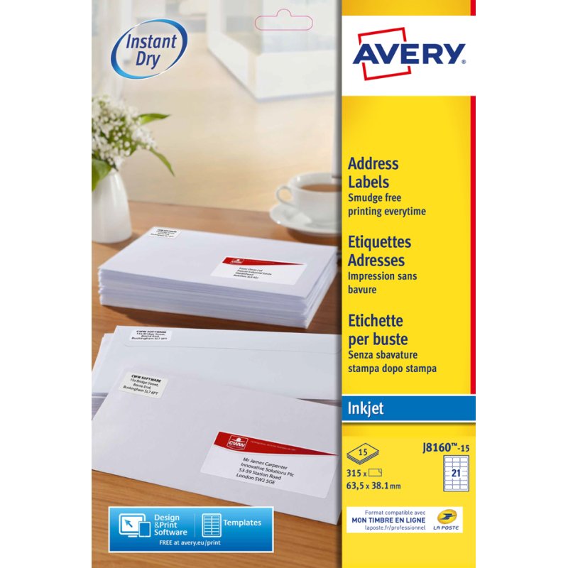 AVERY adresetiketten inkjetprinter, 99,1 × 33,9 mm, wit, 240 stuks