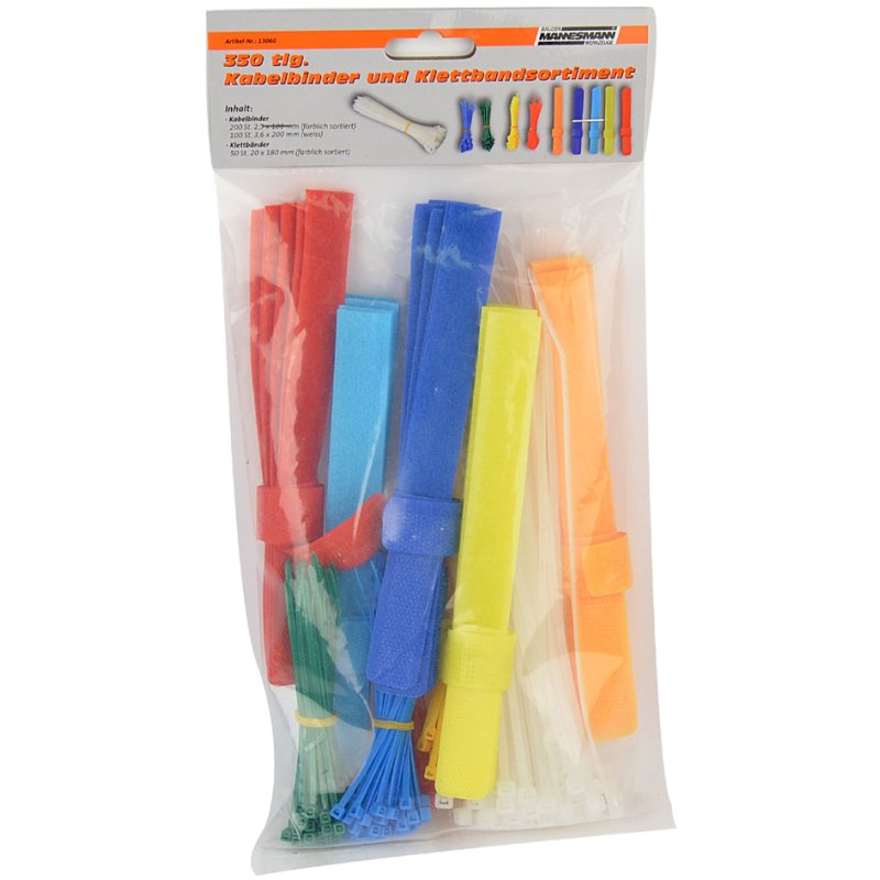 BRÜDER MANNESMANN tyraps et velcro set, 350 pièces, couleurs assorties