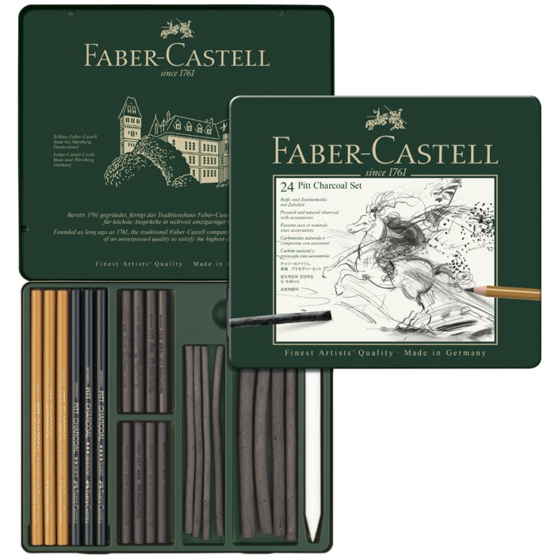 Faber-Castell Pitt ensemble de dessin au fusain, 24 pièces, boîtier métal