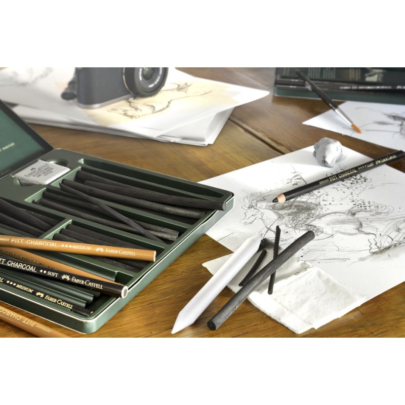 Faber-Castell Pitt ensemble de dessin au fusain, 24 pièces, boîtier métal