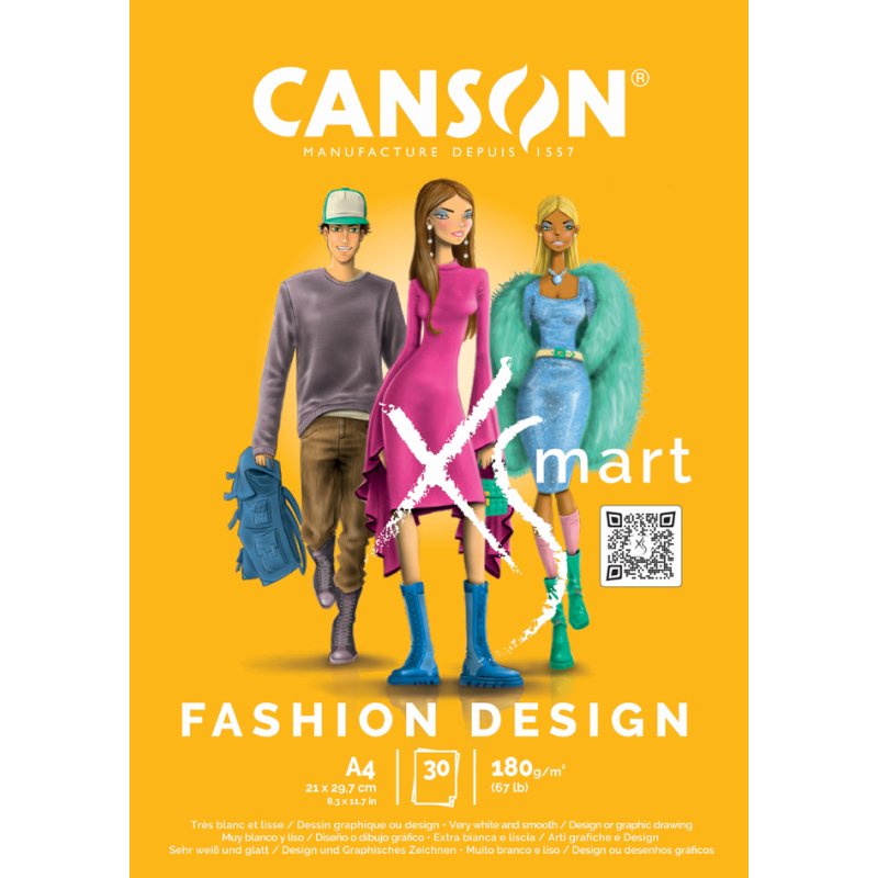 CANSON bloc d'étude XS'MART Fashion Design A4, 180 g/m², papier lisse blanc, 30 feuilles