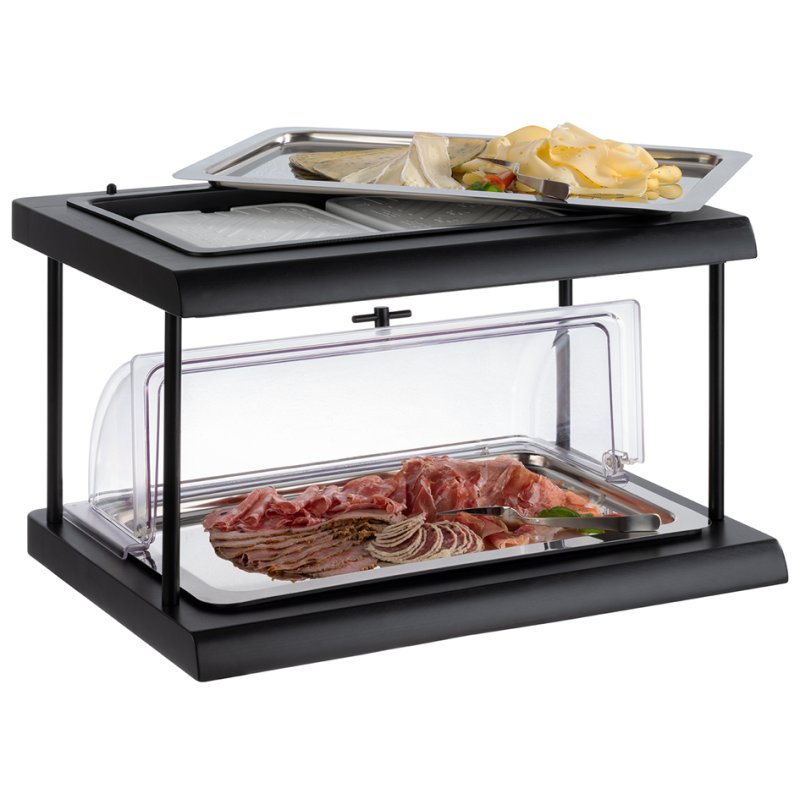 APS vitrine buffet double étage GN 1/1, noir, 2 bacs hêtre