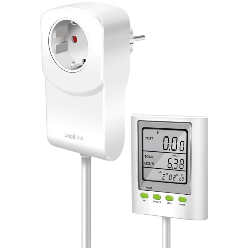 LogiLink energy meter with CO2 calculation, white/silver, LCD display, 1.2 m cable