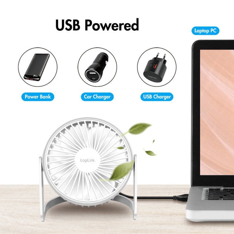 LogiLink Ventilateur de Bureau USB, blanc, 30 dB, 127 mm