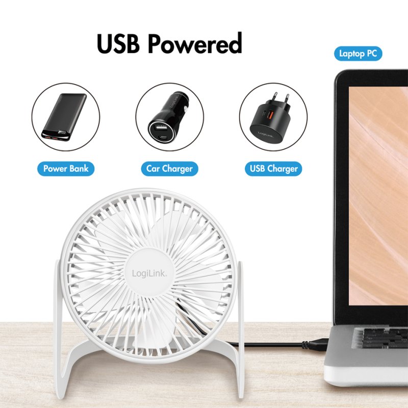 LogiLink Ventilateur USB de Bureau, Rotatif 360°, Blanc, 152,4 mm