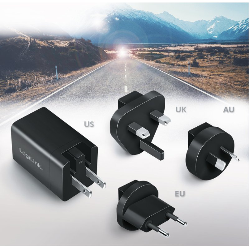 LogiLink USB-C travel adapter, black, 100+ countries