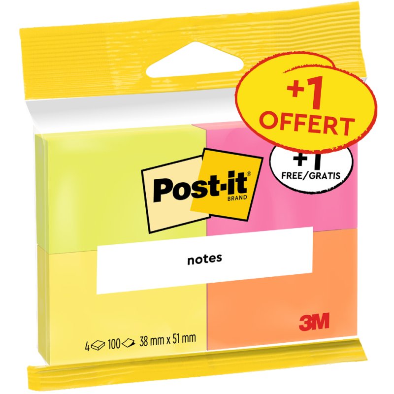 Post-it bloc-notes, 38×51 mm, lot de 4, 100 feuilles par bloc