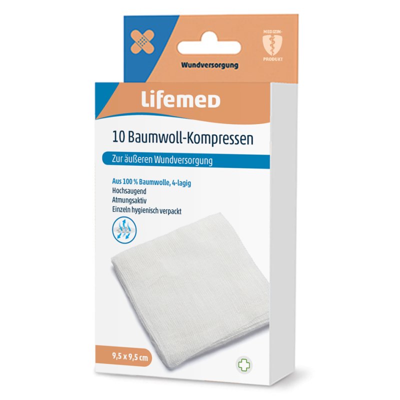 Lifemed compresses en coton, 95×95 mm, blanc, 10 pièces