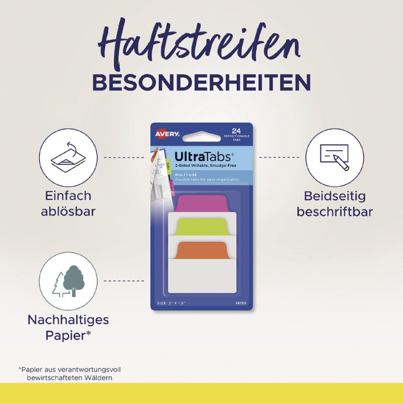 AVERY Zweckform bandes adhésives UltraTabs Klassik, 50,8 × 38 mm, vert/bleu/rouge, 24 pièces