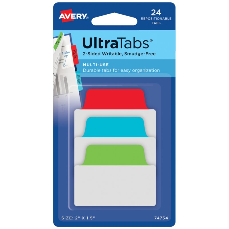 AVERY Zweckform bandes adhésives UltraTabs Klassik, 50,8 × 38 mm, vert/bleu/rouge, 24 pièces