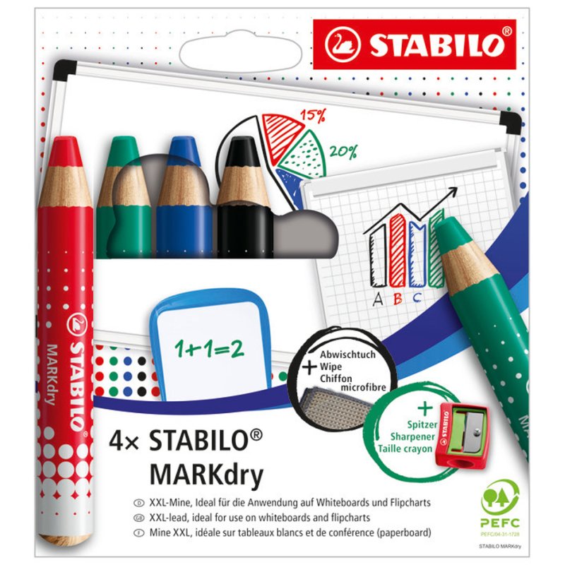 STABILO whiteboard markers MARKdry, set of 4 pieces, blue/red/green/black