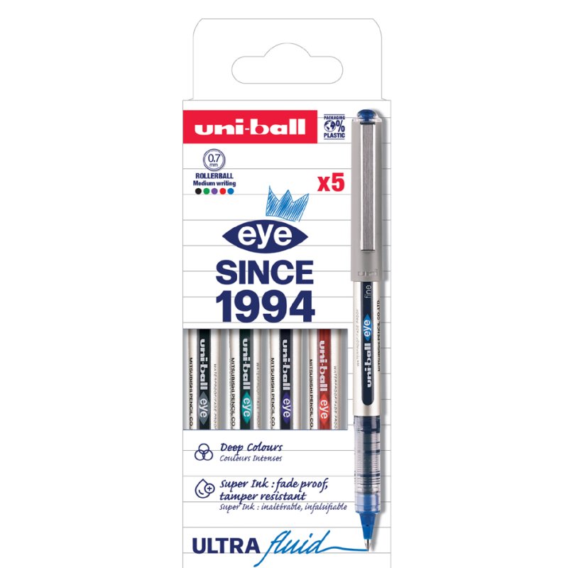 uni-ball rollerpennen eye fine, 0,5 mm, gekleurd, 5 stuks