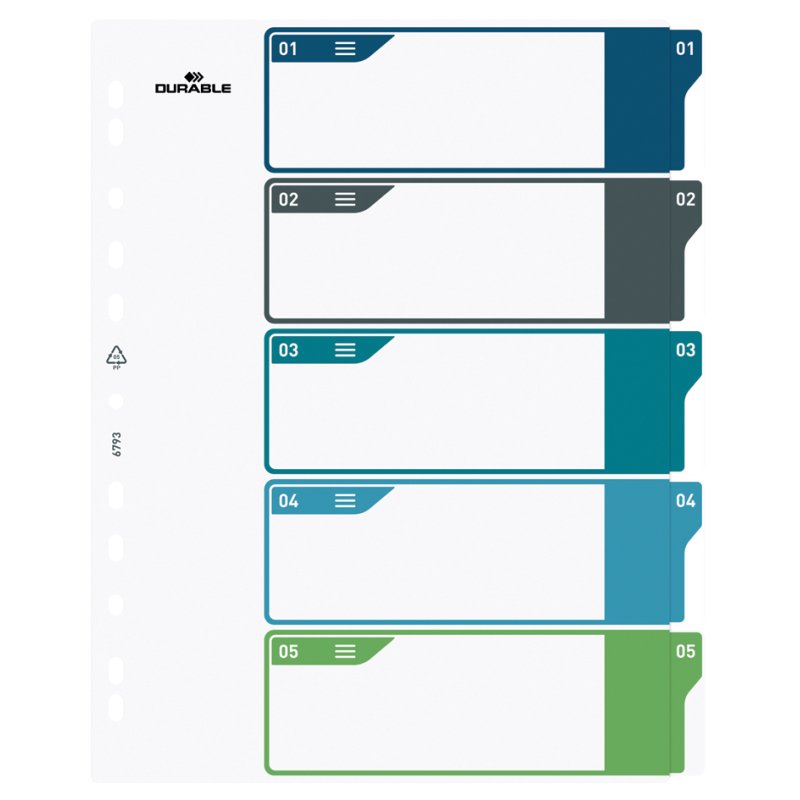DURABLE kunststof tabbladen, gekleurde tabs, A4+, wit