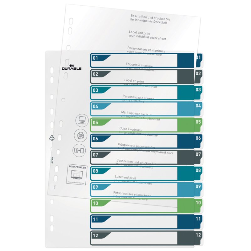 DURABLE kunststof tabbladen, gekleurde tabs, A4+, wit