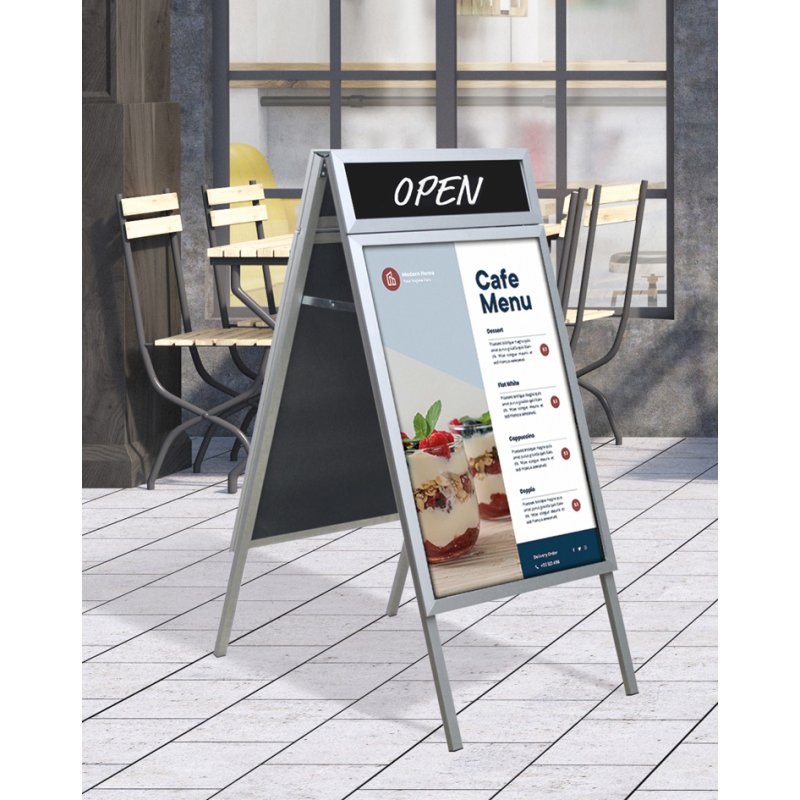 EUROPEL plakatstandaard met topschild, waterdicht, A1, zilver
