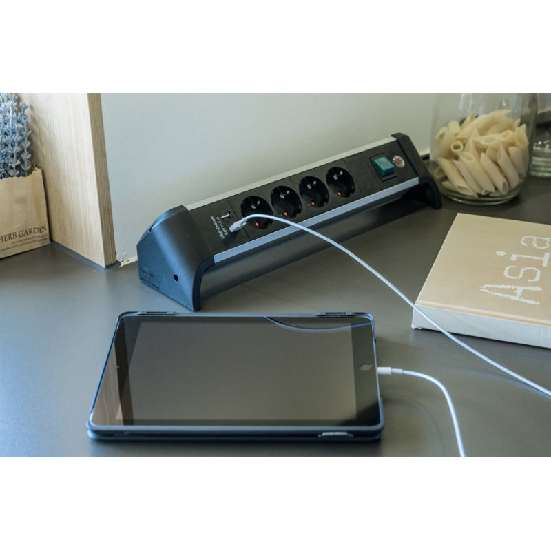 Brennenstuhl power strip Alu-Office-Line, black/silver, 4-way, 2× USB-A