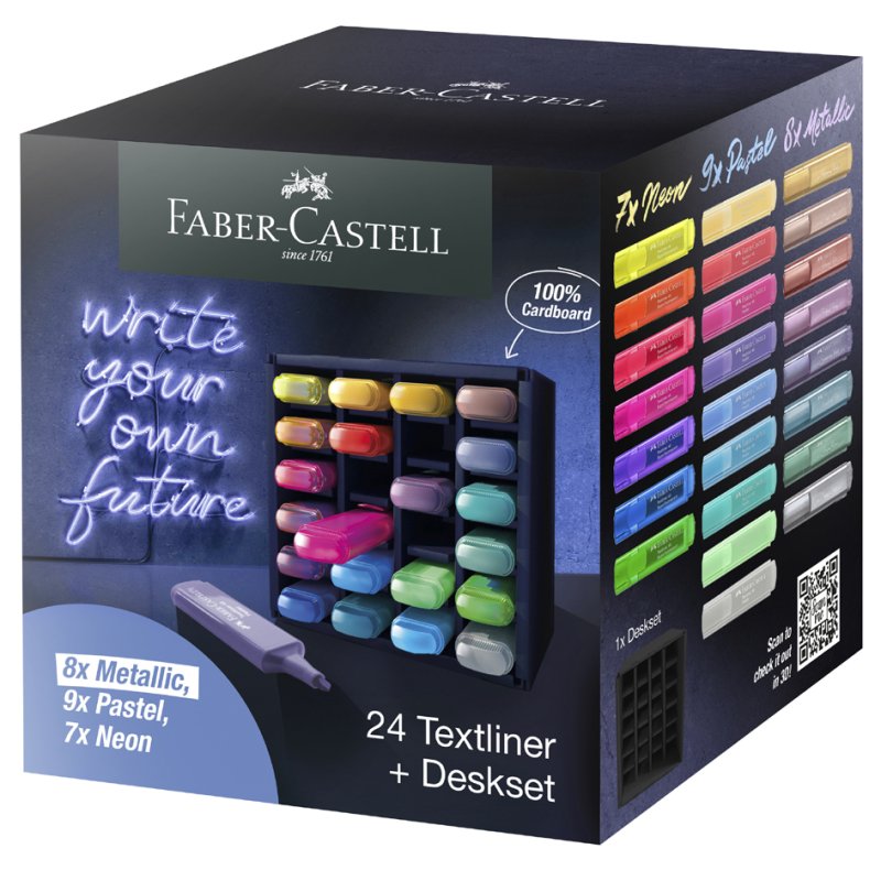 Faber-Castell TEXTLINER highlighters, 24-piece desk set, neon/pastel/metallic
