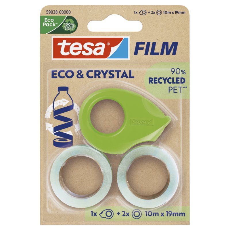 tesa ruban adhésif Eco & Crystal avec dérouleur, 19 mm × 10 m, transparent
