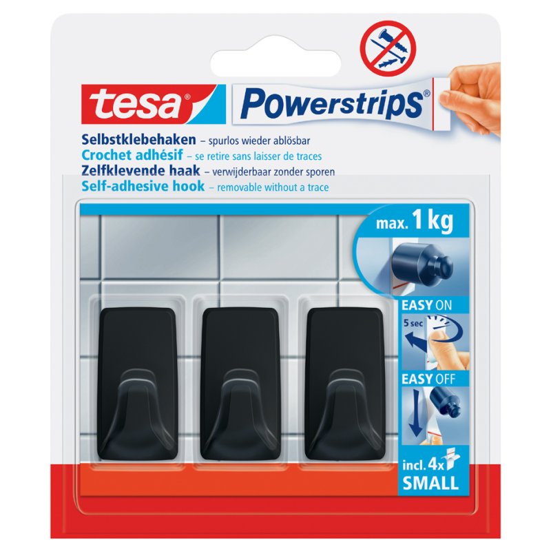 tesa Powerstrips crochets small rectangle, noir, réutilisable, 3 pièces