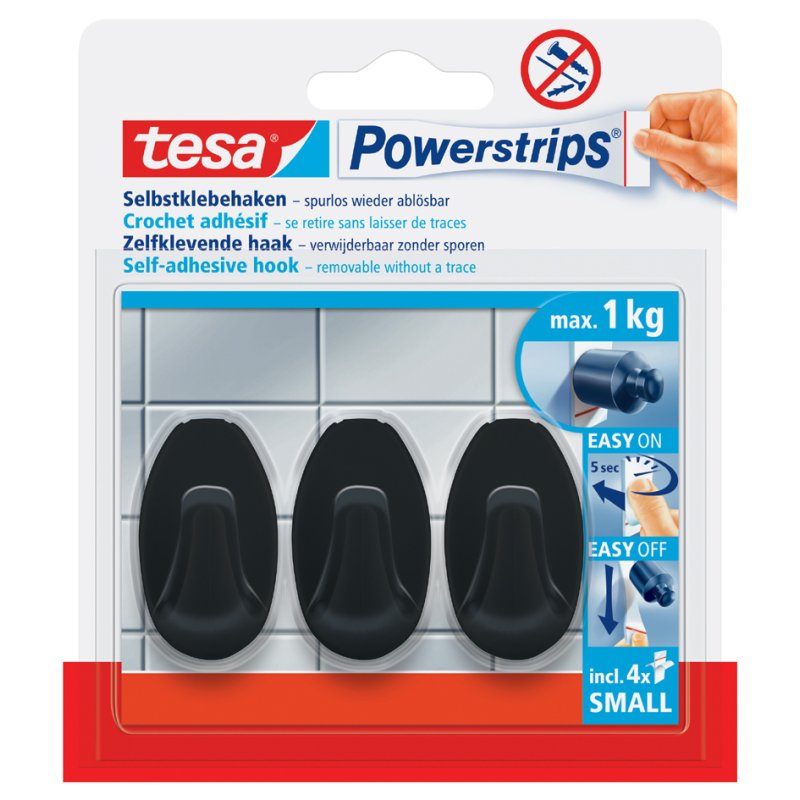 tesa Powerstrips small oval hooks, black, reusable