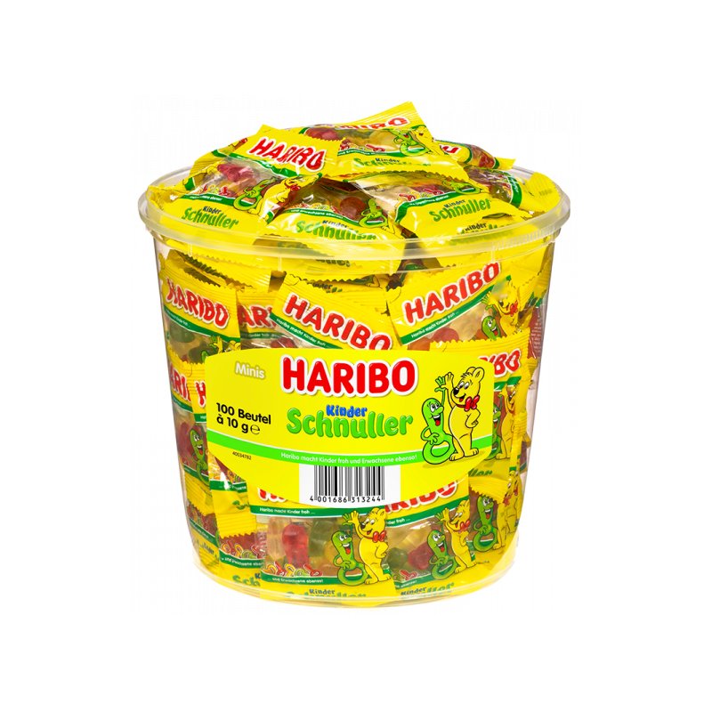 HARIBO Sucettes Minis bonbons aux fruits, boîte ronde refermable, 100 sachets de 10 g