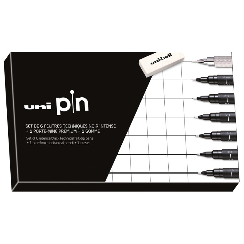 uni-ball schrijfset uni pin, 8-delig, zwart, 0,05-1 mm