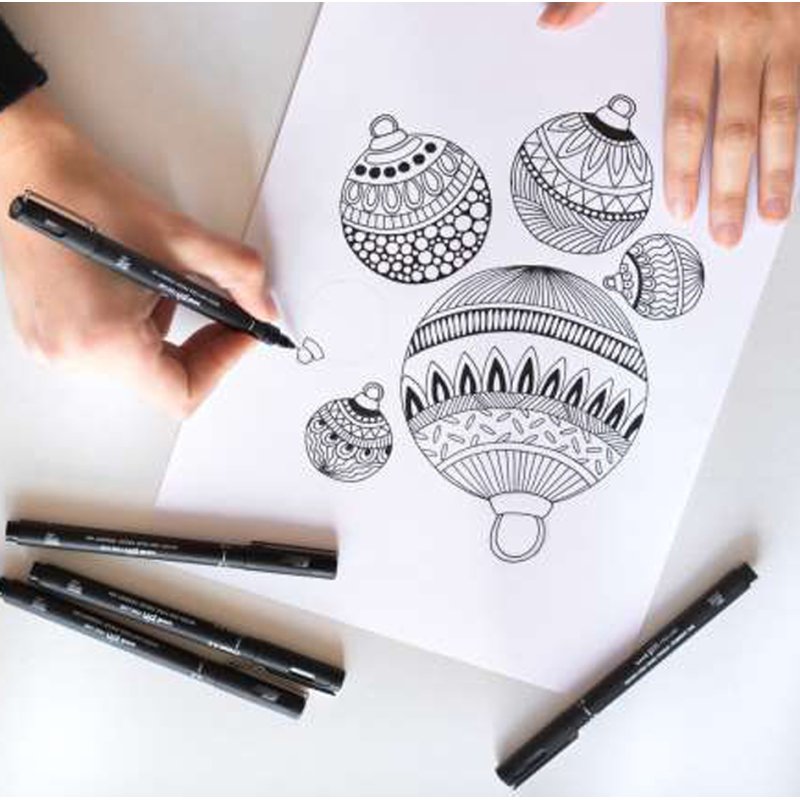 uni-ball fineliner set uni pin, 14-delig, metalen etui, waterbestendige inkt