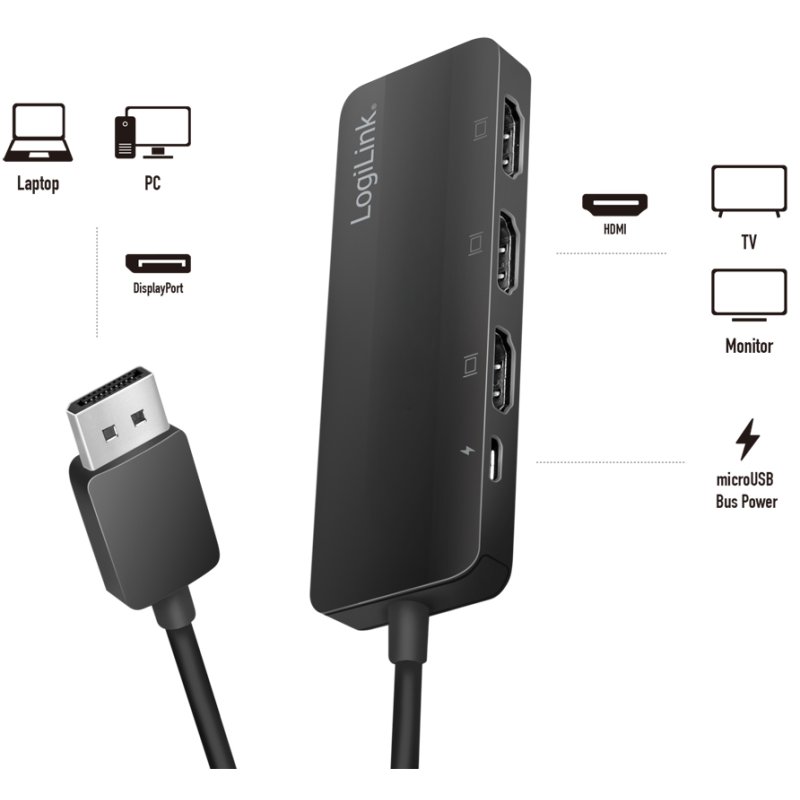 LogiLink 4K DisplayPort to HDMI splitter, 1 to 3 port, black