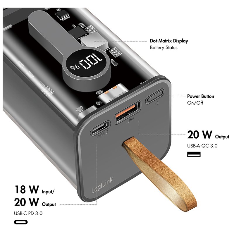 LogiLink power bank with display, 20,000 mAh, black