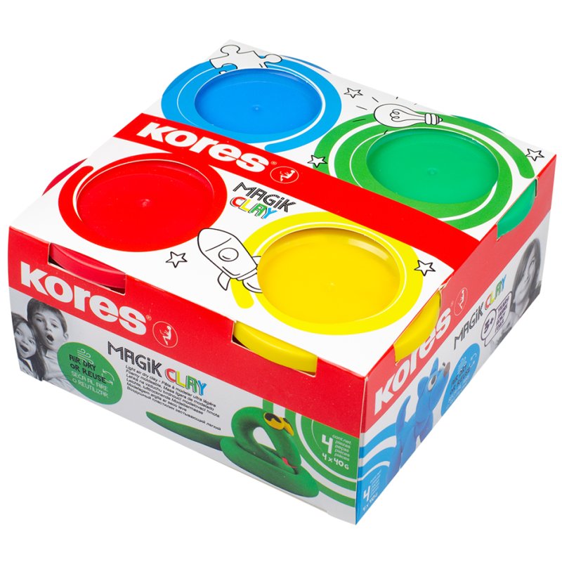 Kores Magic Clay pâte à modeler, réutilisable, assortiment coloré, 4 pots de 40 g