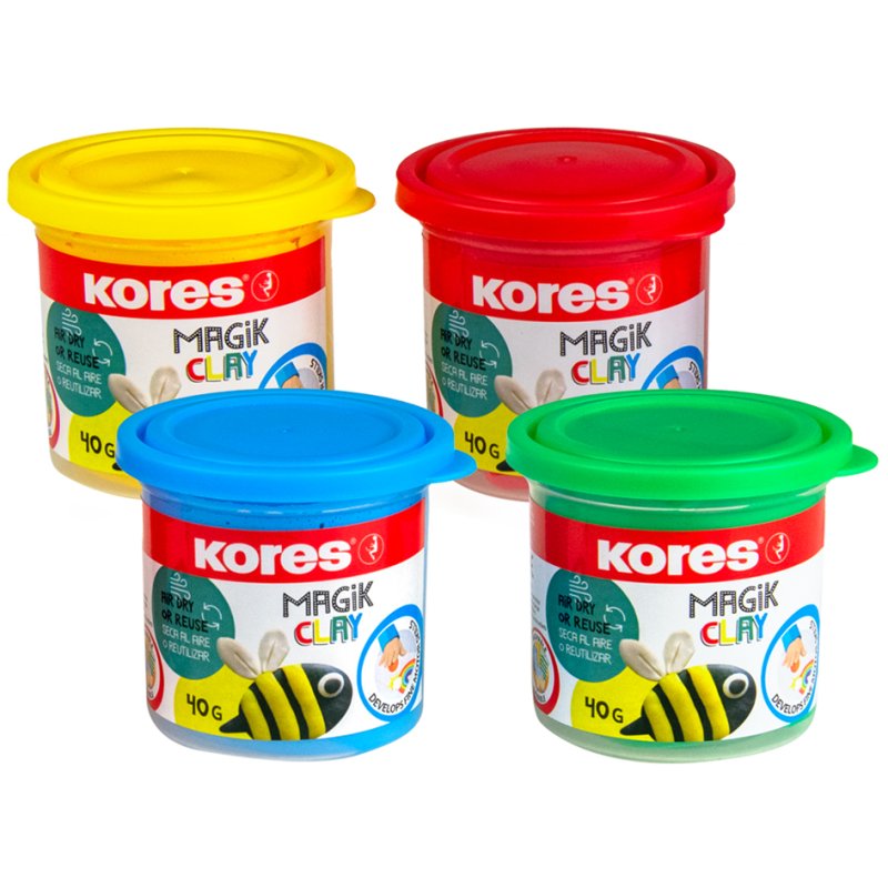 Kores Magic Clay pâte à modeler, réutilisable, assortiment coloré, 4 pots de 40 g