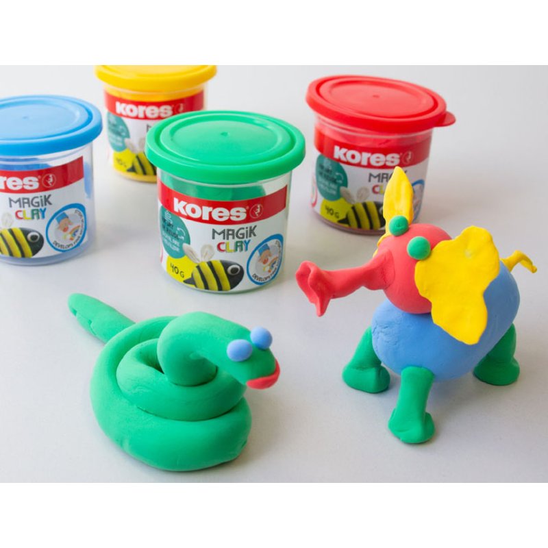 Kores Magic Clay pâte à modeler, réutilisable, assortiment coloré, 4 pots de 40 g