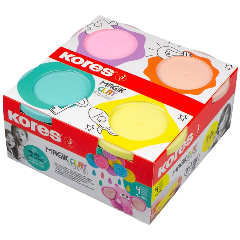 Kores pâte à modeler Magic Clay Pastel, réutilisable, assortiment coloré, 4 × 40 g