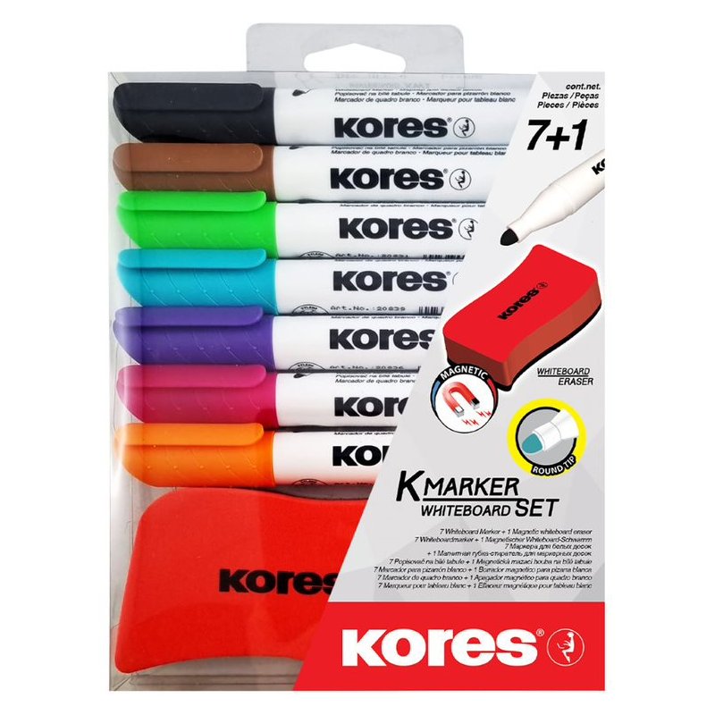 Kores ensemble de marqueurs pour tableau blanc, 7 marqueurs + effaceur, pointe ronde 3,0 mm