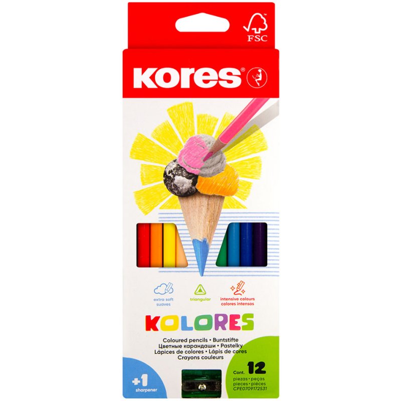 Crayons de couleur triangulaires Kores Kolores, 12 pièces, angle tilleul, mine anti-casse
