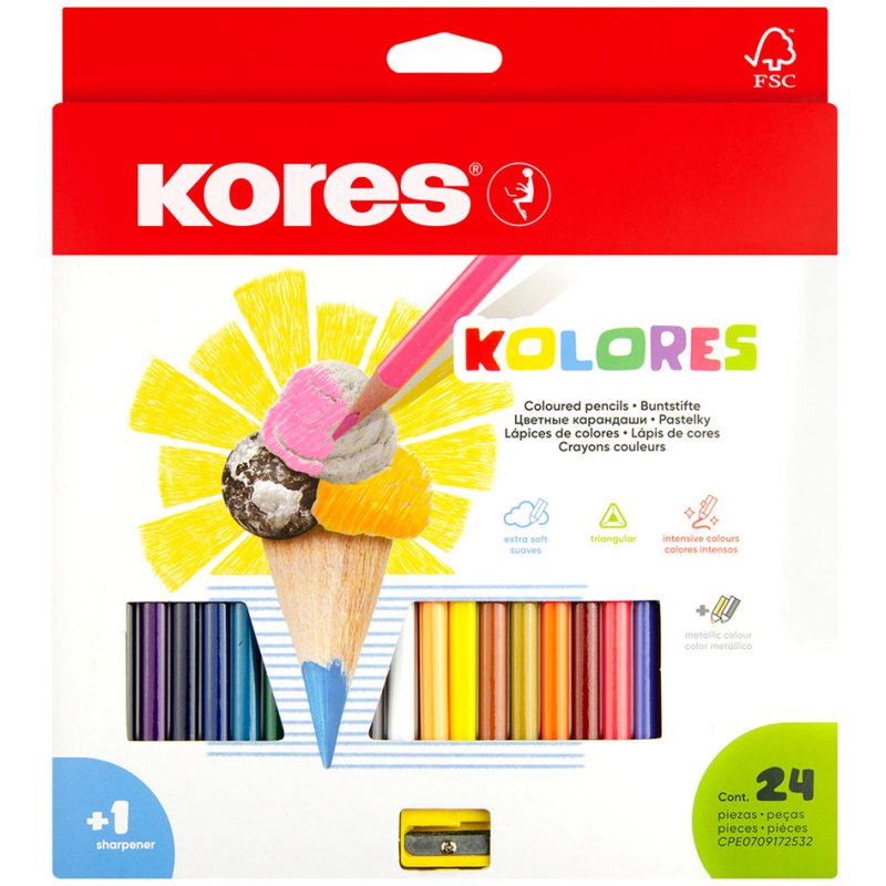 Crayons de couleur triangulaires Kores Kolores, 12 pièces, angle tilleul, mine anti-casse