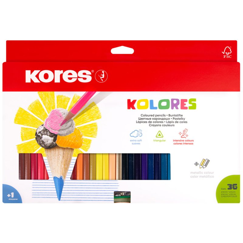 Crayons de couleur triangulaires Kores Kolores, 12 pièces, angle tilleul, mine anti-casse