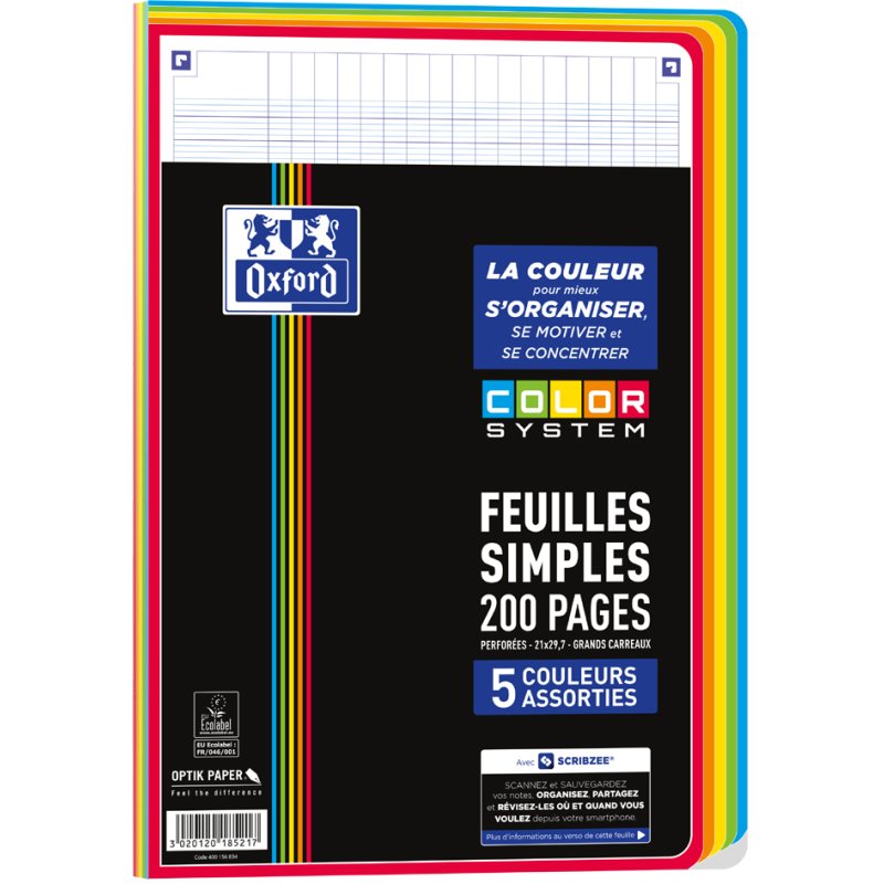 Oxford cahiers lignés de couleur A4, 200 pages, 90 g/m², 5 couleurs