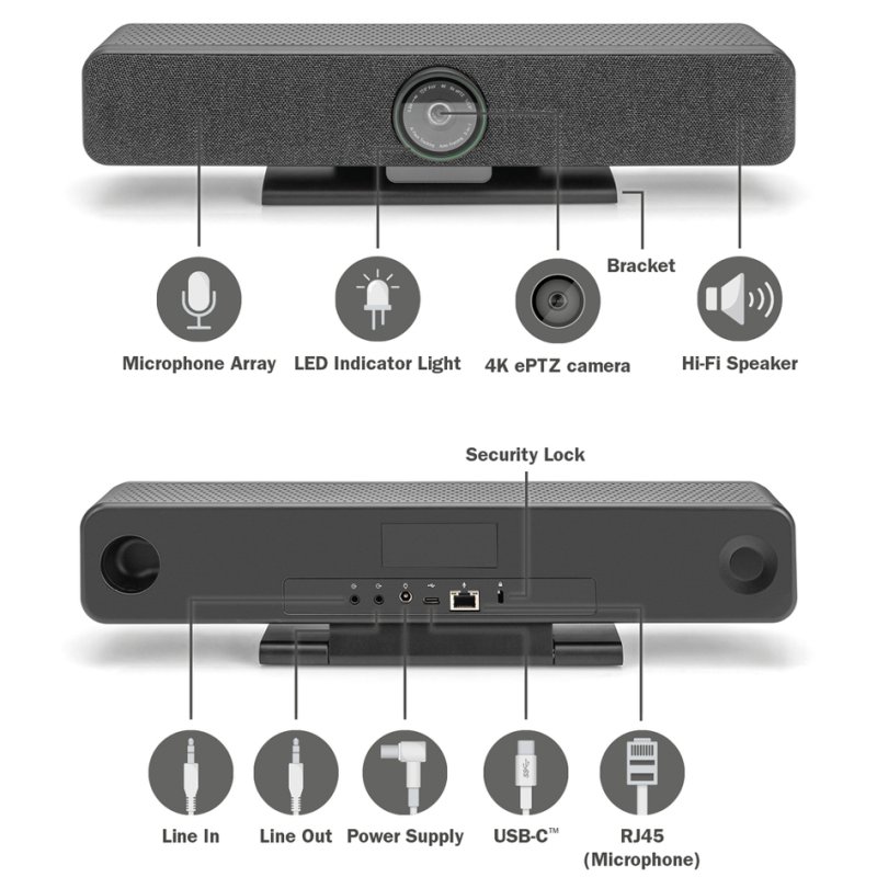 DIGITUS 4K All-In-One videobar Pro videoconferentiesysteem, 4K Ultra-HD, 8 MP camera, geïntegreerde microfoons