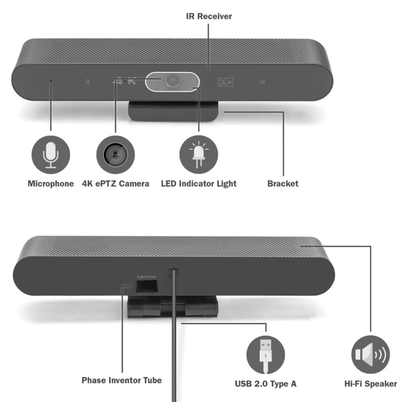 DIGITUS 4K All-In-One Video Bar Mini videoconferentiesysteem, 8 MP, auto-framing, smart zoom