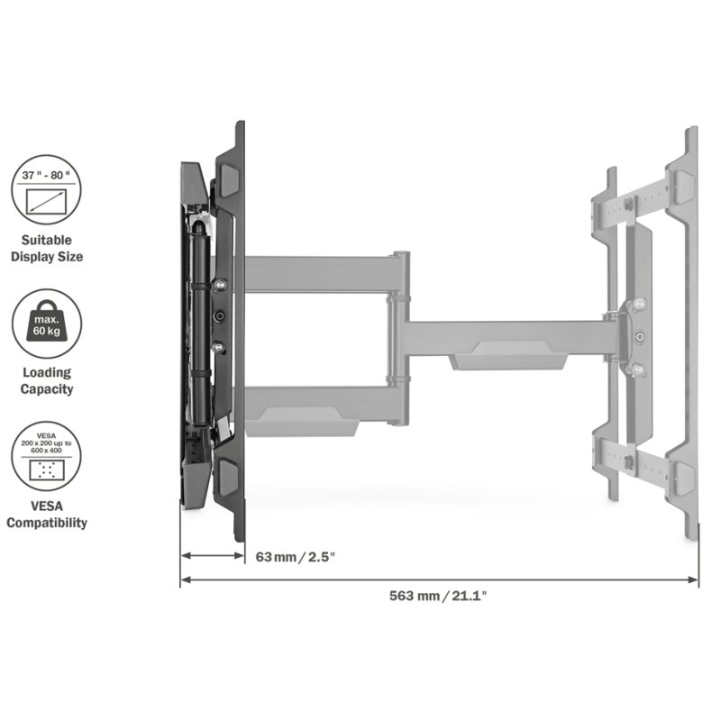 DIGITUS volbeweegbare TV-muurbeugel, 37-80 inch, zwart, 60 kg draagkracht