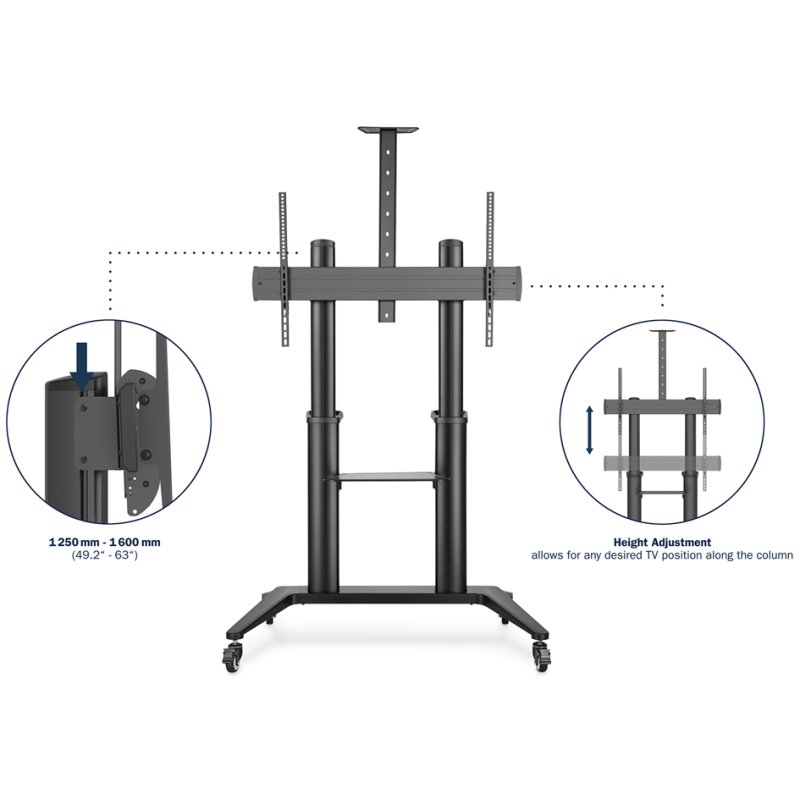 DIGITUS TV presentatiewagen, zwart, draagvermogen 140 kg, hoogte verstelbaar 125-160 cm