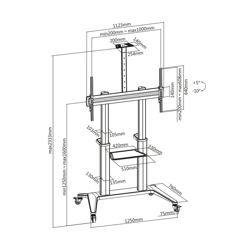 DIGITUS TV presentatiewagen, zwart, draagvermogen 140 kg, hoogte verstelbaar 125-160 cm