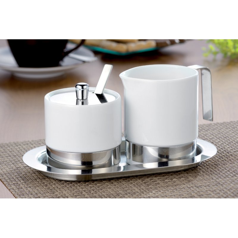 Esmeyer sugar and cream set ADAM, silver/white, 5-piece, porcelain and stainless steel