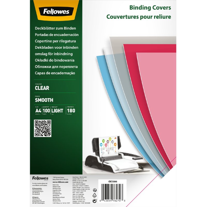 Fellowes couvertures A4, PET transparent 0,20 mm, 100 feuilles