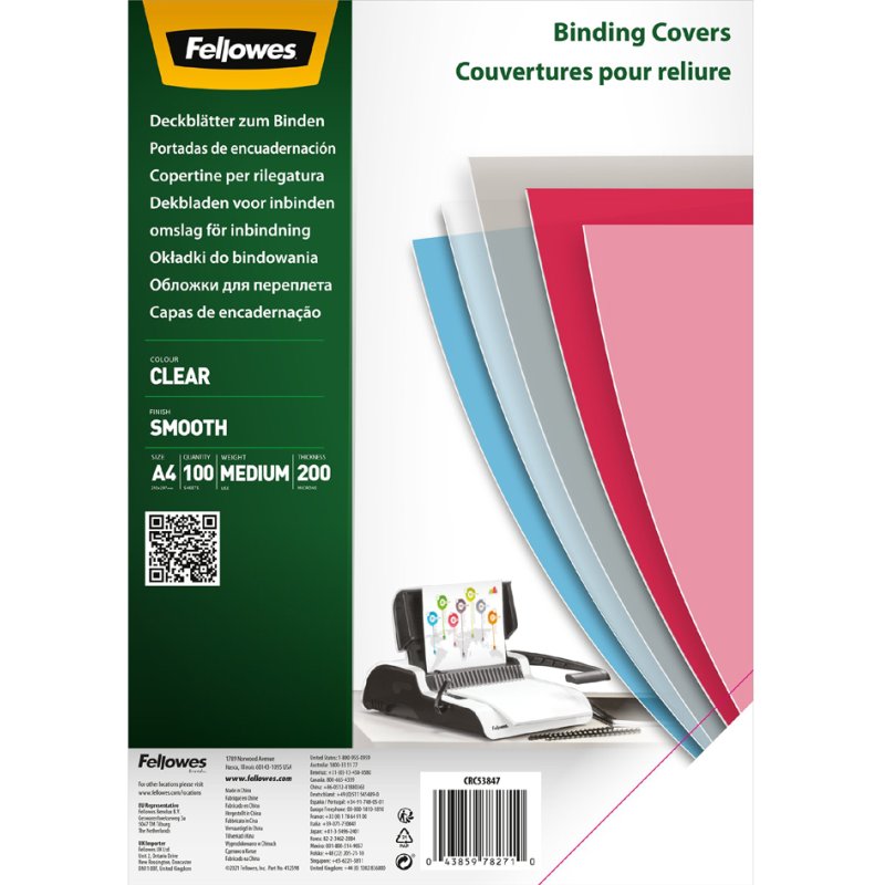 Fellowes couvertures A4, PET transparent 0,20 mm, 100 feuilles