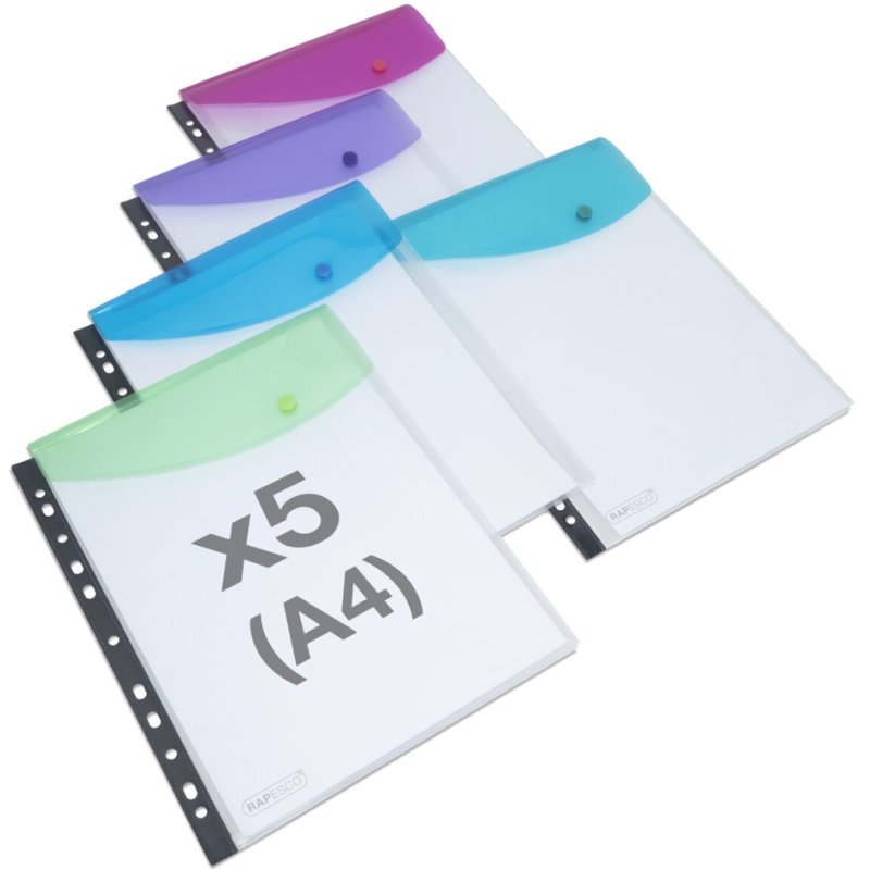 RAPESCO chemises A4, fermeture par bouton-pression, couleurs assorties, 5 pièces
