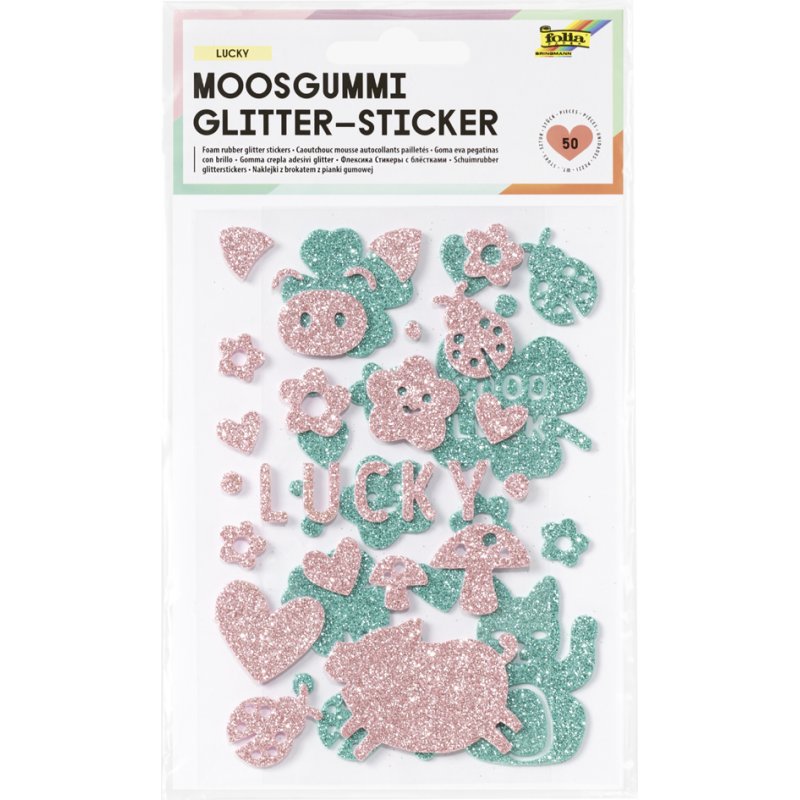 folia foam rubber glitter stickers Lucky, zelfklevend, roze/mint, 50 stuks